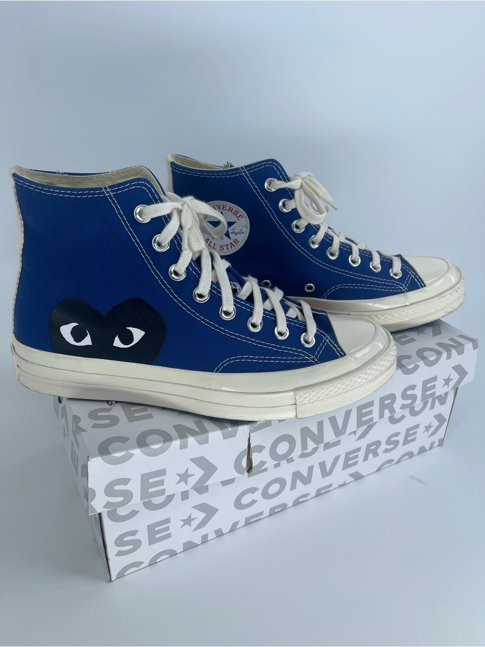 Converse Comme De Garcons Blue High-Top Sneakers with Black Heart-Eye Graphic